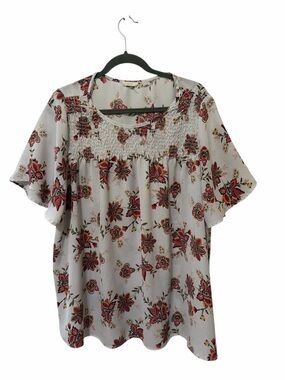 ODDY Floral Boho Smocked Neck Lightweight Blouse Flowy Short Sleeve Size 2XL